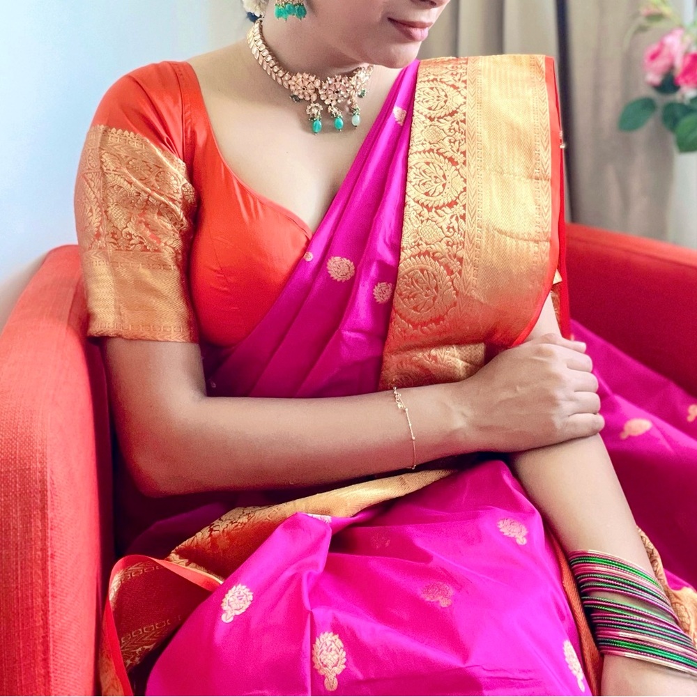 Brand new Nalli silks Vibrant Pink and Gold Saree with Orange Blouse Set